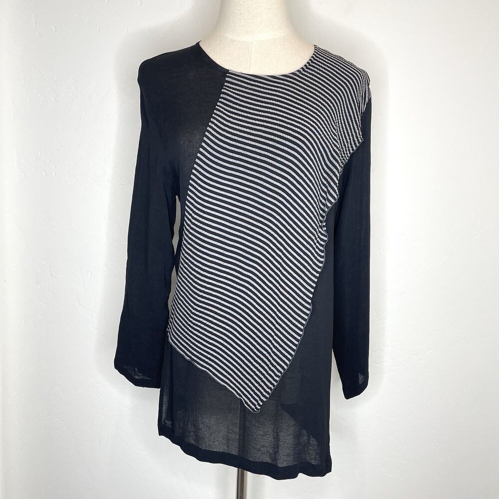 Xiaoyan Lin Lagenlook Asymmetrical Tunic Top Womens XS Black Gray Stripe